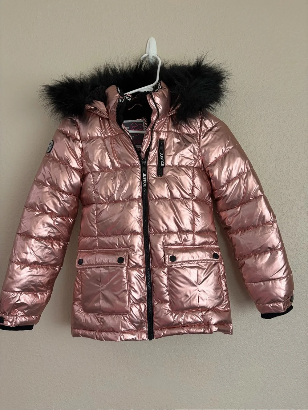 Justice Metallic Rose Pink Puffer Coat with Faux Fur Hood